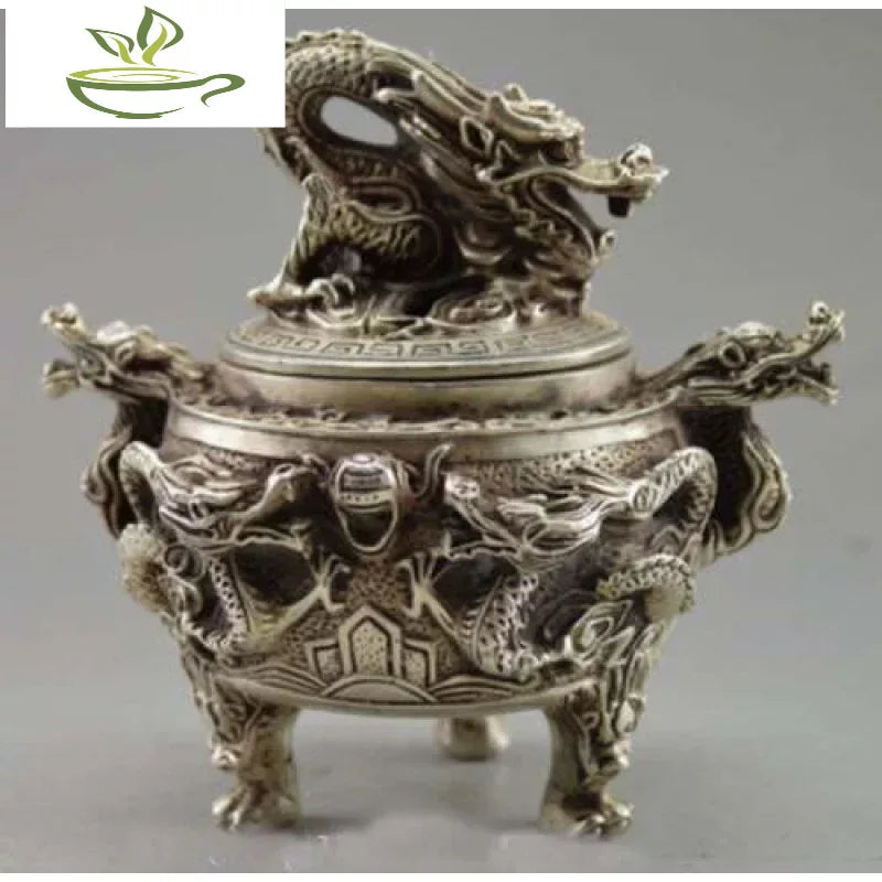 Oriental Signed Old Tibet Silver statue Carved Dragon Incense Burners Censer