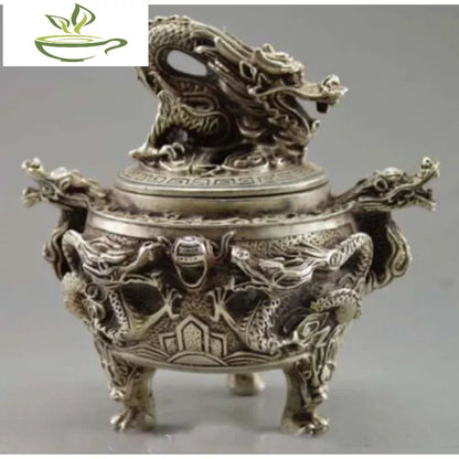 Oriental Signed Old Tibet Silver statue Carved Dragon Incense Burners Censer