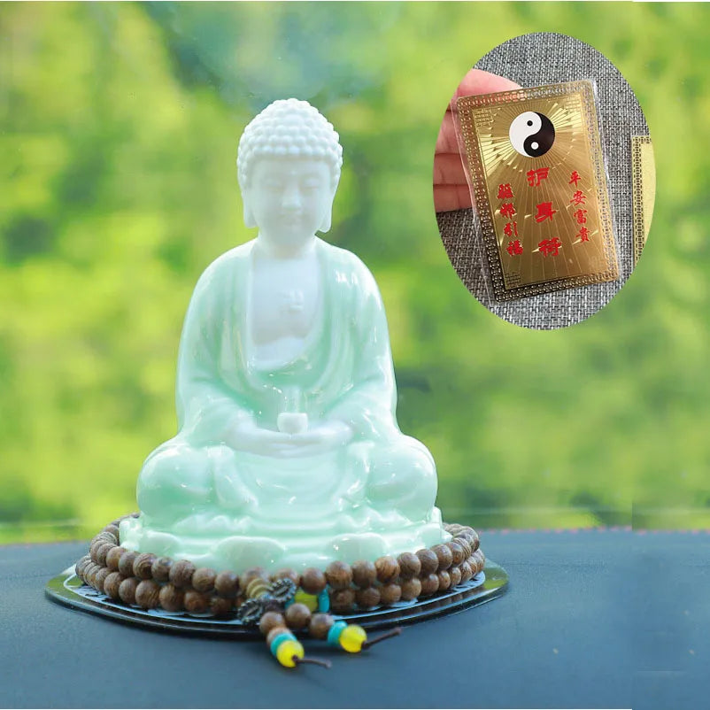 free ship # HOME CAR SHOP GOOD talisman Bless safety Sakyamuni Amitabha Porcelain buddha statue + all powerful gold card Amulet