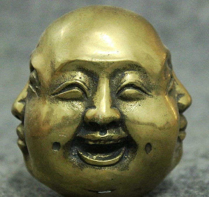 free shipping Folk China Chinese Brass Buddhism 4 Face Xi Nu Ai Le Maitreya Buddha Head Statue 8.4 cm