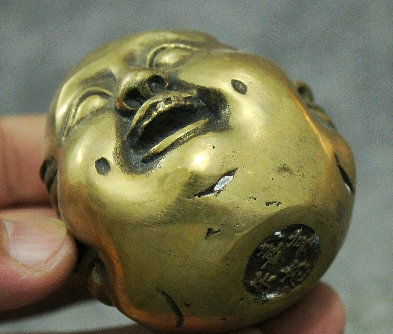 free shipping Folk China Chinese Brass Buddhism 4 Face Xi Nu Ai Le Maitreya Buddha Head Statue 8.4 cm