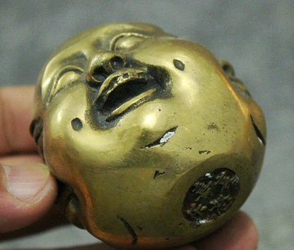 free shipping Folk China Chinese Brass Buddhism 4 Face Xi Nu Ai Le Maitreya Buddha Head Statue 8.4 cm