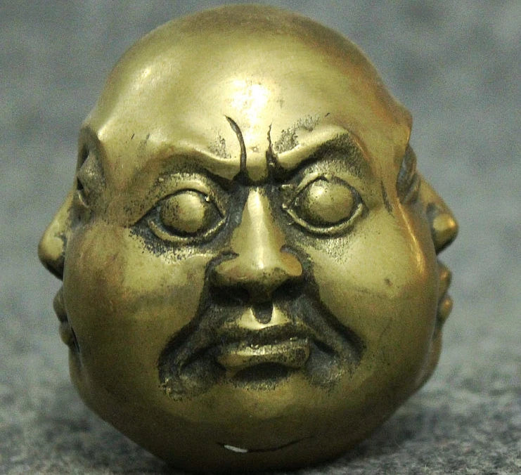 free shipping Folk China Chinese Brass Buddhism 4 Face Xi Nu Ai Le Maitreya Buddha Head Statue 8.4 cm