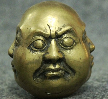 free shipping Folk China Chinese Brass Buddhism 4 Face Xi Nu Ai Le Maitreya Buddha Head Statue 8.4 cm