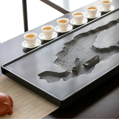 full hand carved black stone tea tray water draining tea table for tea set upgraded heavy serving trays rectangle embossed new
