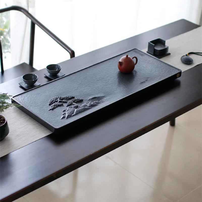 full handmade carve tea tray pine tree embossed table business office party black stone serving trays water draining rectangle