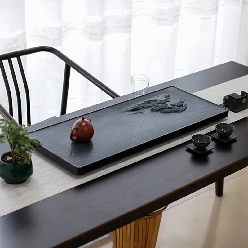 full handmade carve tea tray pine tree embossed table business office party black stone serving trays water draining rectangle
