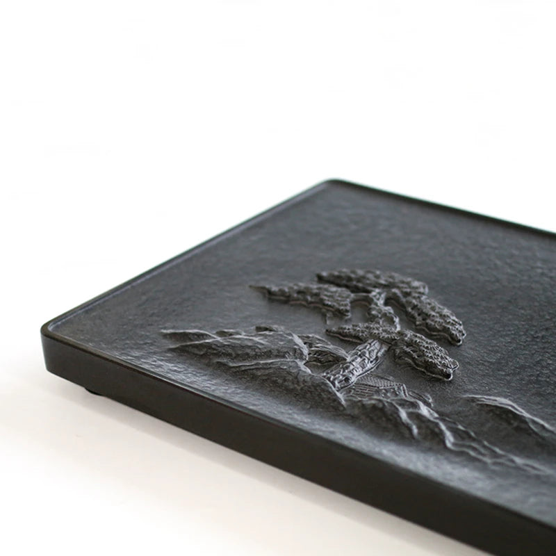 full handmade carve tea tray pine tree embossed table business office party black stone serving trays water draining rectangle