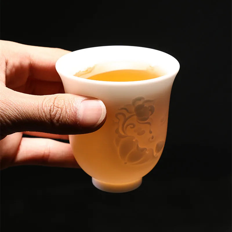 full handmade carved tea cup jade porcelain cup lotus water lily engraved relief kungfu cup of tea 150ml master cups