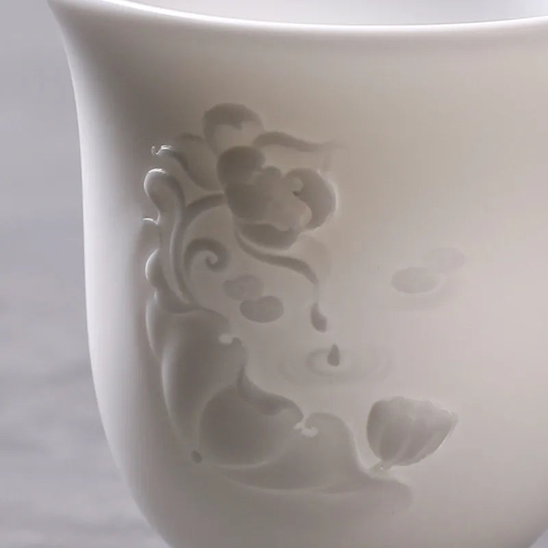 full handmade carved tea cup jade porcelain cup lotus water lily engraved relief kungfu cup of tea 150ml master cups