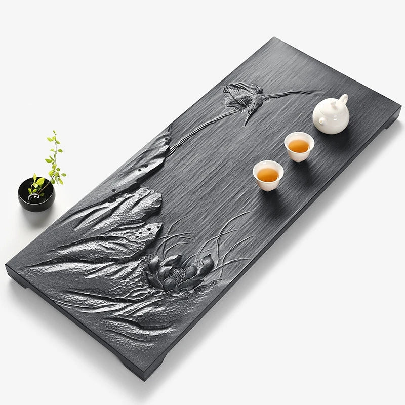 full handmade carved tea tray weighted black stone serving trays lotus embossed Zen style rectangle heavy table for tea set new