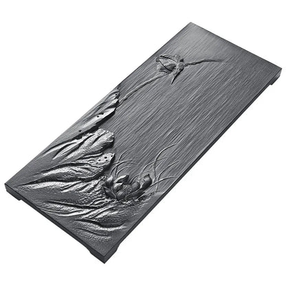 full handmade carved tea tray weighted black stone serving trays lotus embossed Zen style rectangle heavy table for tea set new
