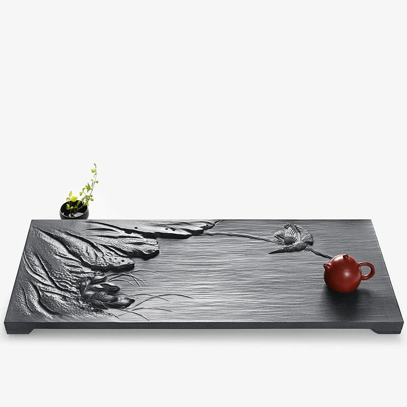 full handmade carved tea tray weighted black stone serving trays lotus embossed Zen style rectangle heavy table for tea set new