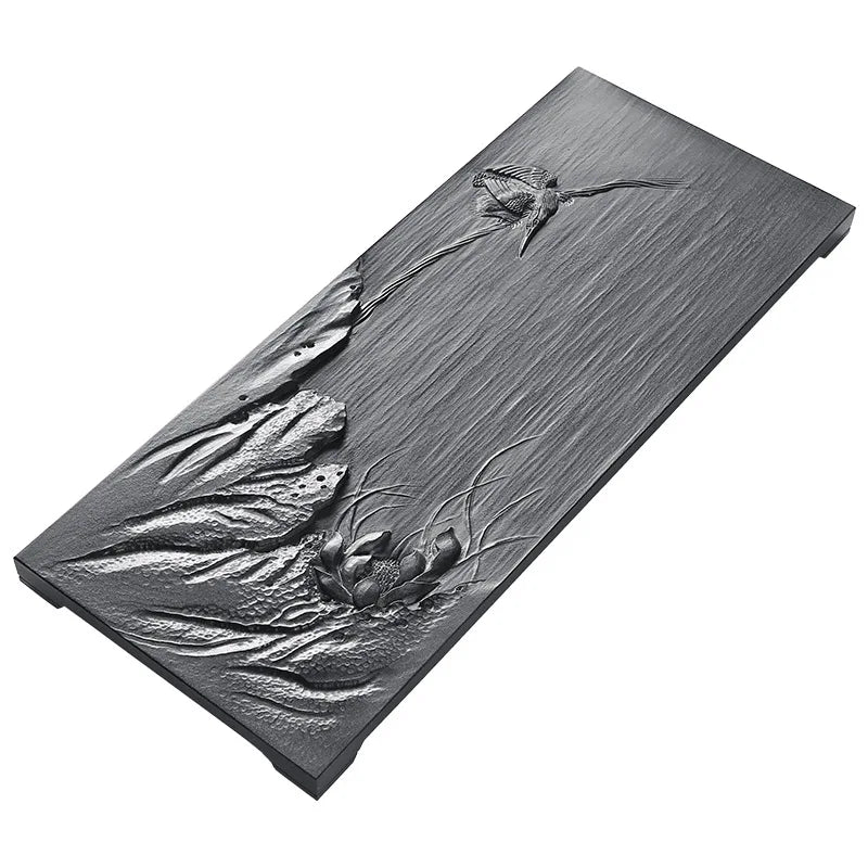full handmade carved tea tray weighted black stone serving trays lotus embossed Zen style rectangle heavy table for tea set new