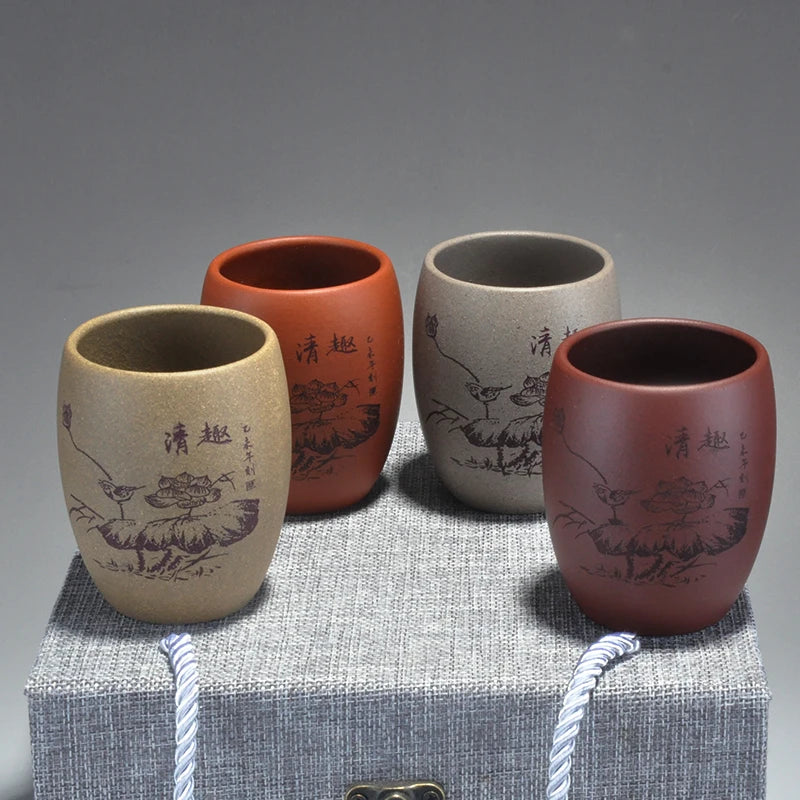 full handmade marked tea cup original ore yixing real zisha purple grit kungfu teacups handpainted lotus print master cup of tea