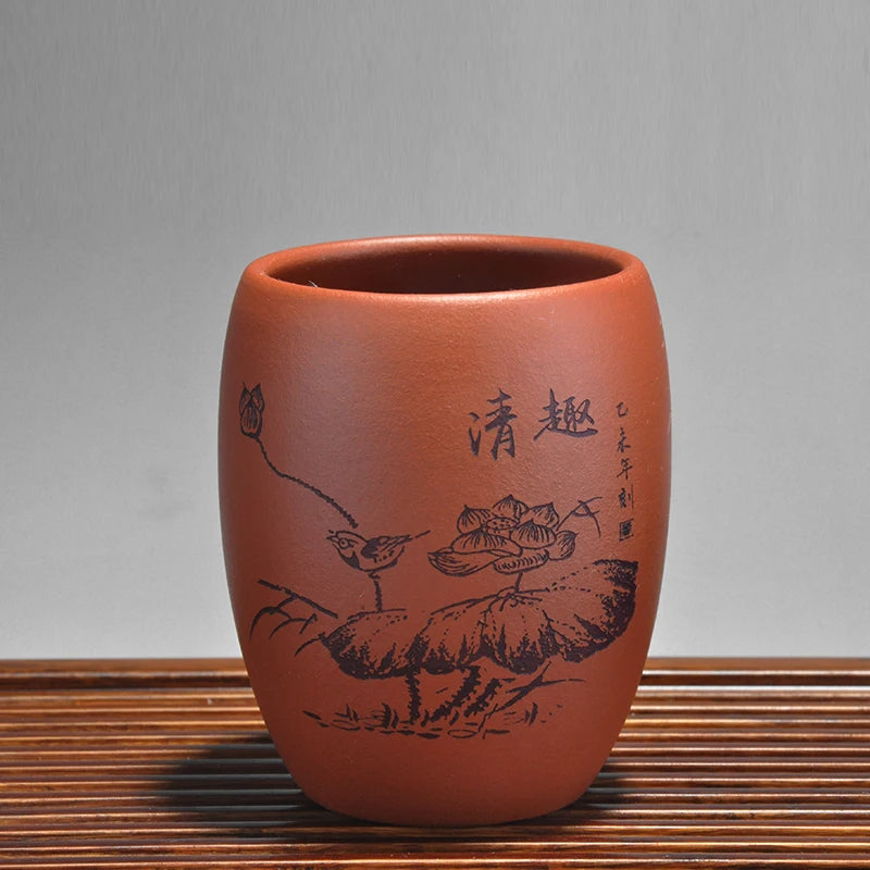 full handmade marked tea cup original ore yixing real zisha purple grit kungfu teacups handpainted lotus print master cup of tea