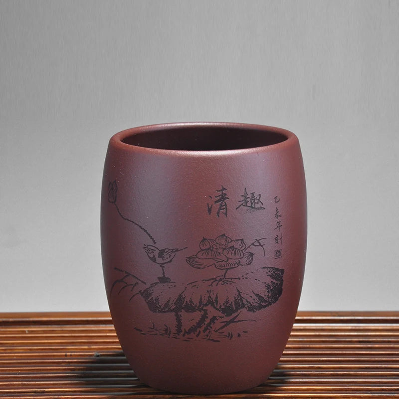 full handmade marked tea cup original ore yixing real zisha purple grit kungfu teacups handpainted lotus print master cup of tea