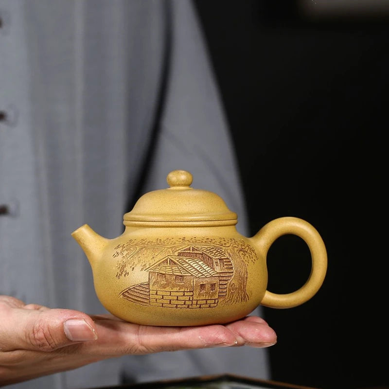full handmade tea pot on sales marked master hand carved pot house under tree original ore real yixing zisha duan clay pots
