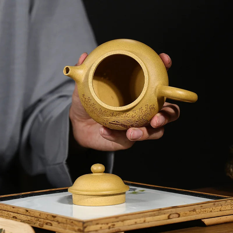 full handmade tea pot on sales marked master hand carved pot house under tree original ore real yixing zisha duan clay pots