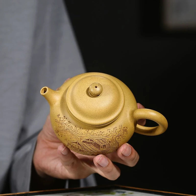 full handmade tea pot on sales marked master hand carved pot house under tree original ore real yixing zisha duan clay pots