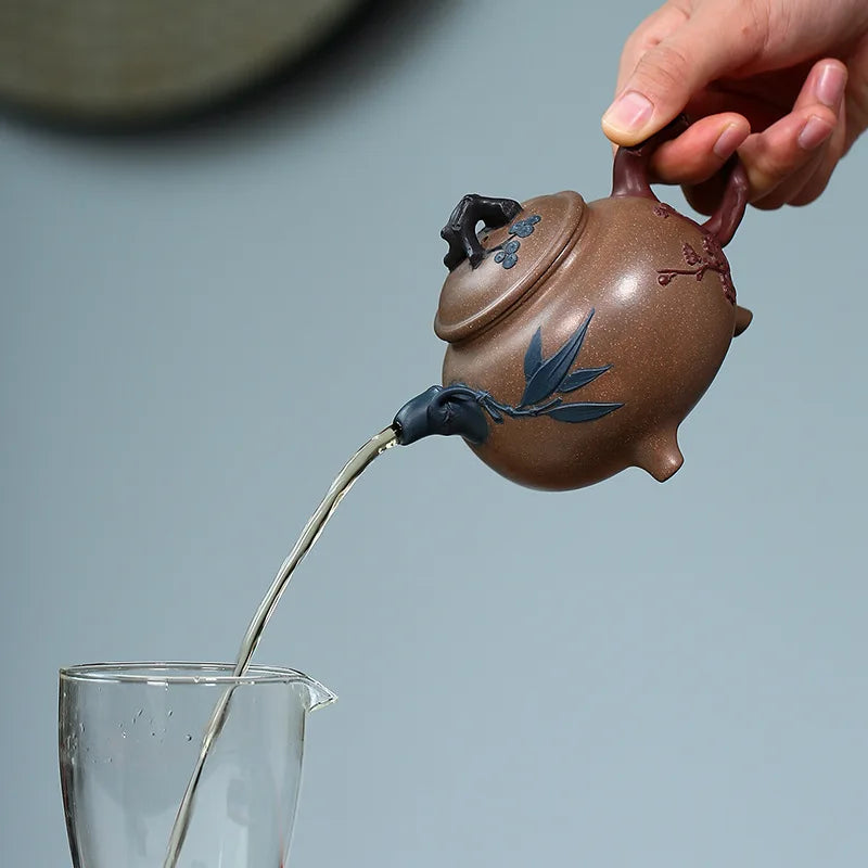 full handmade tea pot with 7 infuser holes real yixing zisha old duan clay bamboo relief original ore pot three legs marked