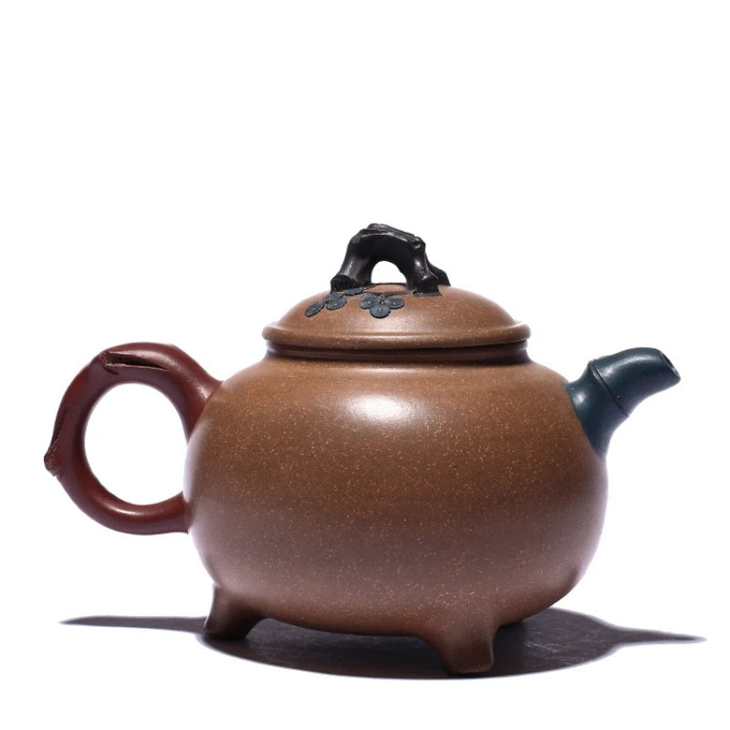 full handmade tea pot with 7 infuser holes real yixing zisha old duan clay bamboo relief original ore pot three legs marked
