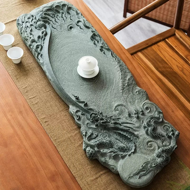 full handmade tea tray black stone dragon carved embossed serving trays tea table large business office master made L90cm*W30cm