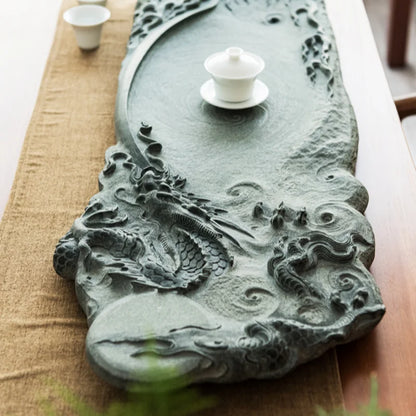 full handmade tea tray black stone dragon carved embossed serving trays tea table large business office master made L90cm*W30cm