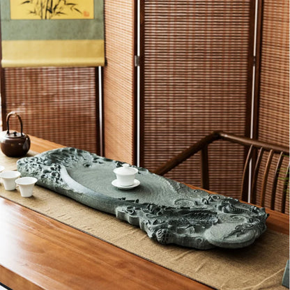 full handmade tea tray black stone dragon carved embossed serving trays tea table large business office master made L90cm*W30cm