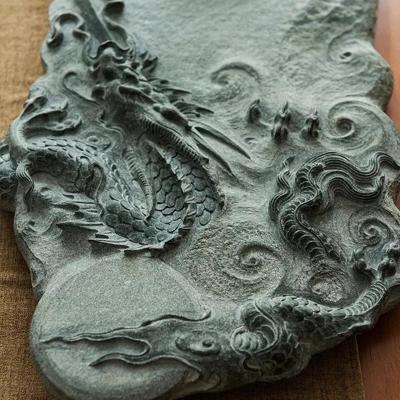full handmade tea tray black stone dragon carved embossed serving trays tea table large business office master made L90cm*W30cm