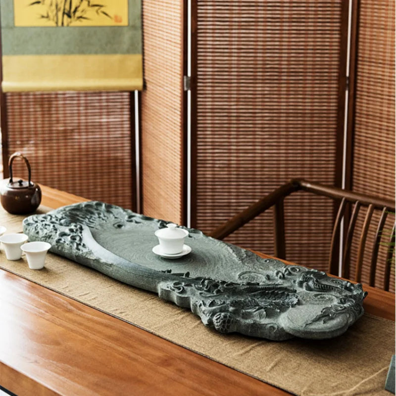 full handmade tea tray black stone dragon carved embossed serving trays tea table large business office master made L90cm*W30cm