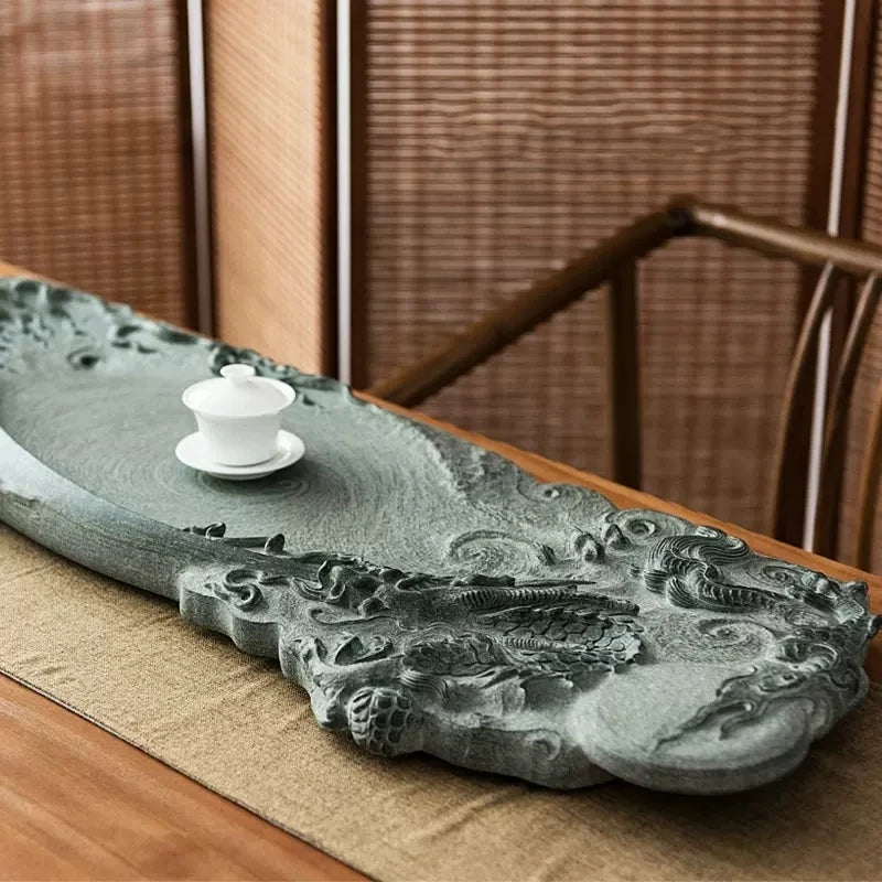 full handmade tea tray black stone dragon carved embossed serving trays tea table large business office master made L90cm*W30cm