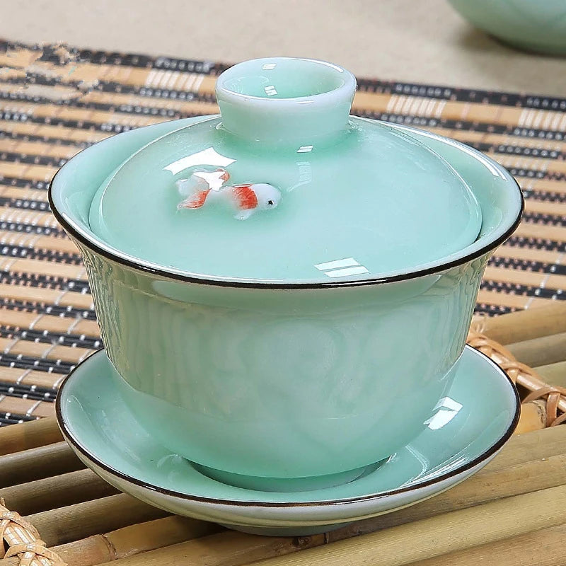 gaiwan carp / golden fish porcelain tureen ceramic cup bowl saucer with lid