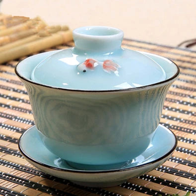 gaiwan carp / golden fish porcelain tureen ceramic cup bowl saucer with lid