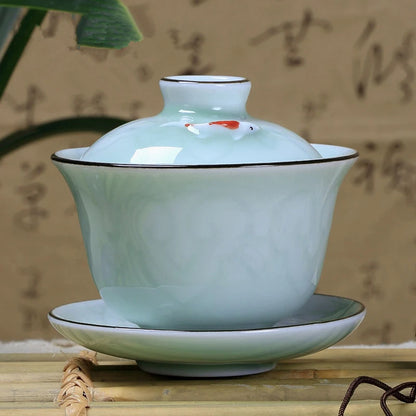 gaiwan carp / golden fish porcelain tureen ceramic cup bowl saucer with lid