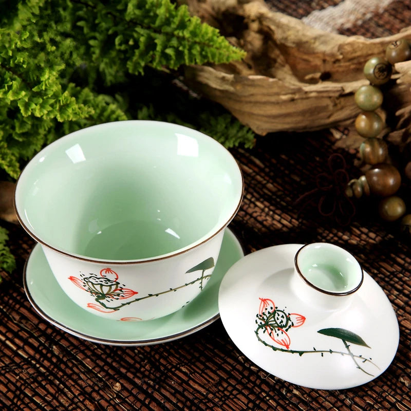 gaiwan porcelain handpainted mountain-river bamboo lotus print tureen cup bowl set with lid cup saucer coaster on sales China