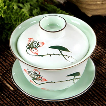 gaiwan porcelain handpainted mountain-river bamboo lotus print tureen cup bowl set with lid cup saucer coaster on sales China