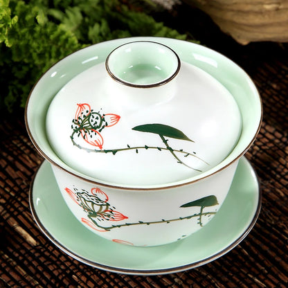 gaiwan porcelain handpainted mountain-river bamboo lotus print tureen cup bowl set with lid cup saucer coaster on sales China