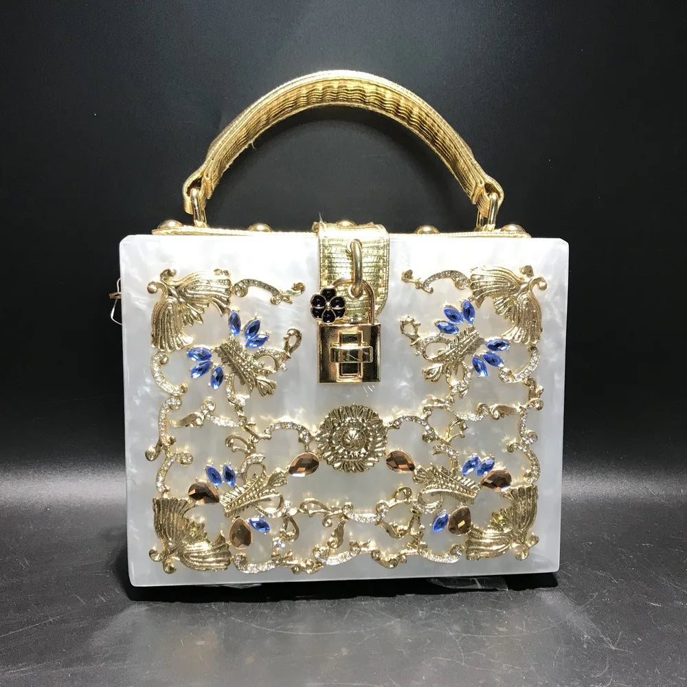 girl Acrylic gift Box bag pearl beaded Clutch purse Women Totes Handbag Fashion Party Hard Case Shoulder Bags Cross body Bags