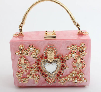 girl Acrylic gift Box bag pearl beaded Clutch purse Women Totes Handbag Fashion Party Hard Case Shoulder Bags Cross body Bags