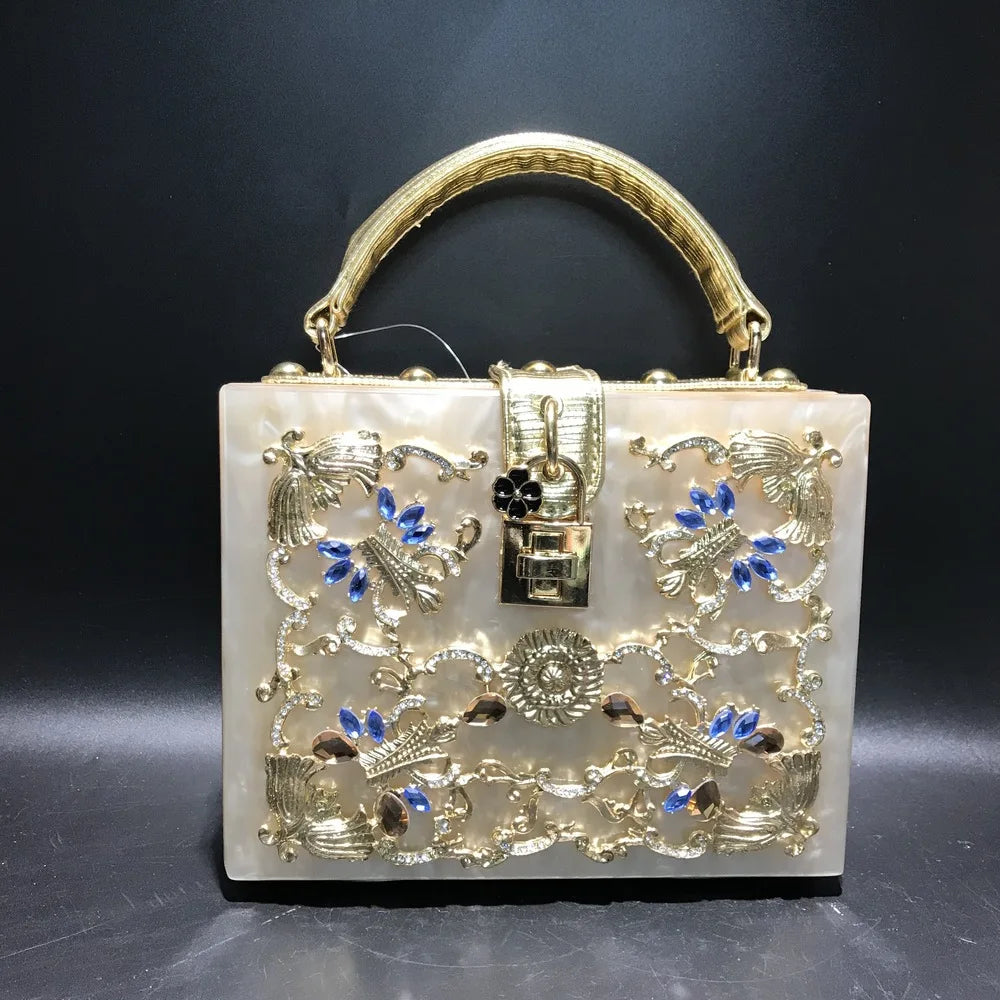 girl Acrylic gift Box bag pearl beaded Clutch purse Women Totes Handbag Fashion Party Hard Case Shoulder Bags Cross body Bags