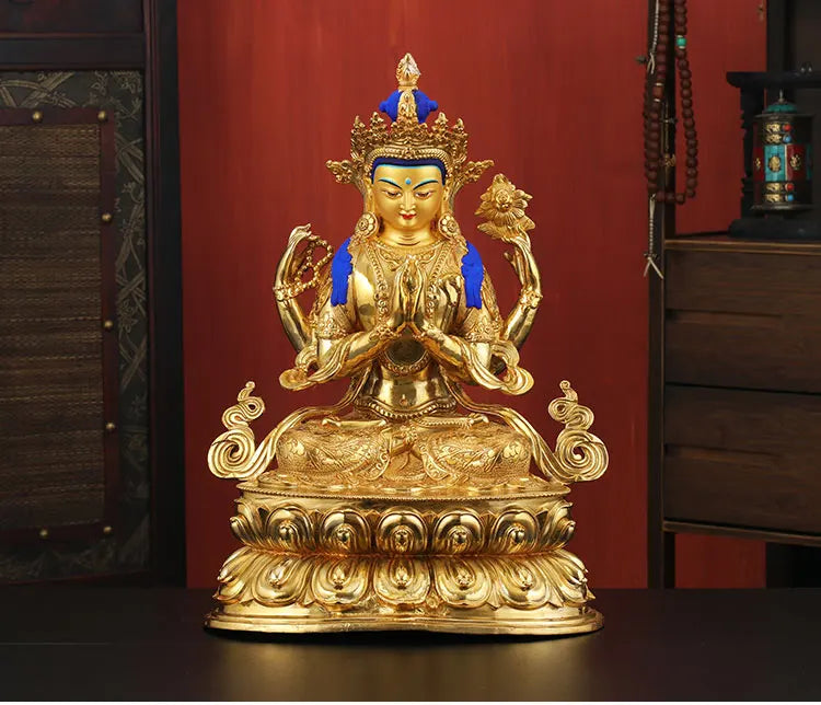 good Buddha HOME Temple Greco-Buddhist efficacious Protection # Buddhism Four arm Guanyin Buddha gild statue  46CM