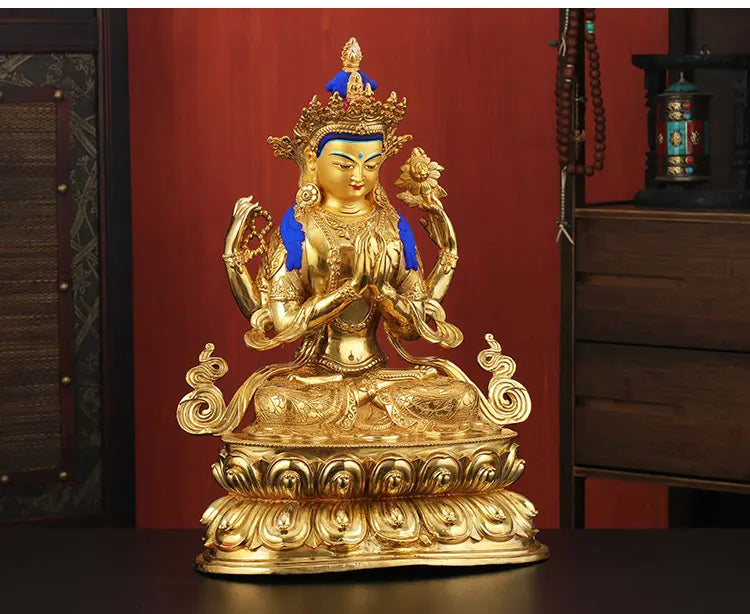 good Buddha HOME Temple Greco-Buddhist efficacious Protection # Buddhism Four arm Guanyin Buddha gild statue  46CM