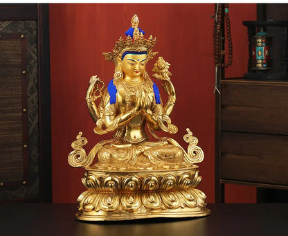 good Buddha HOME Temple Greco-Buddhist efficacious Protection # Buddhism Four arm Guanyin Buddha gild statue  46CM