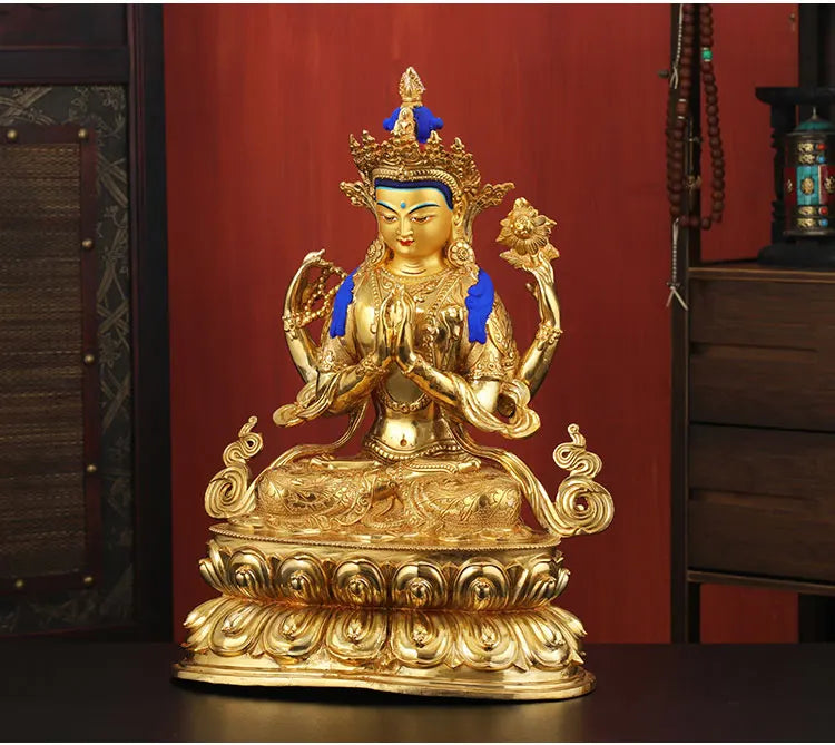 good Buddha HOME Temple Greco-Buddhist efficacious Protection # Buddhism Four arm Guanyin Buddha gild statue  46CM