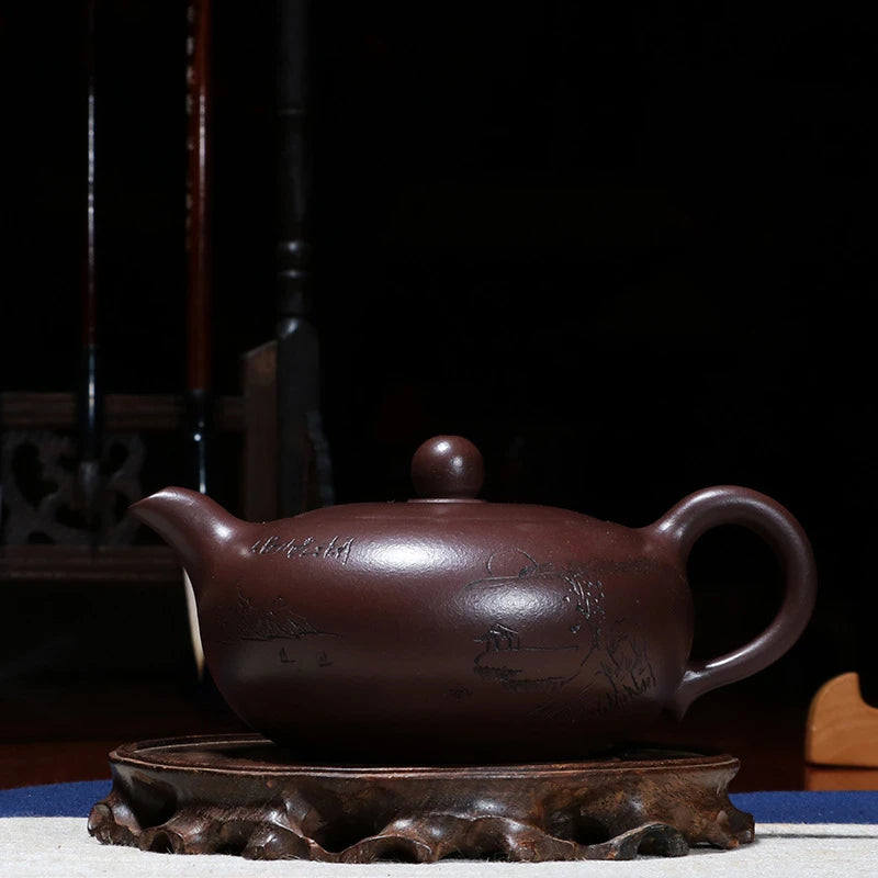 hand carved tea pot embossed real yixing zisha pot marked Chinese original ore pot on sales purple grit