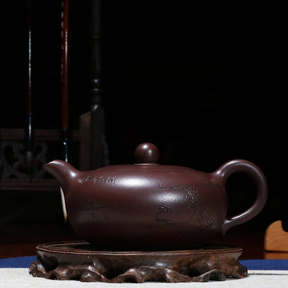 hand carved tea pot embossed real yixing zisha pot marked Chinese original ore pot on sales purple grit