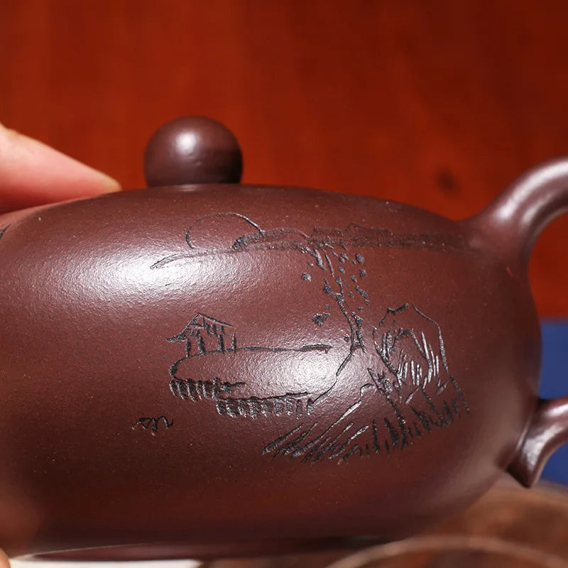 hand carved tea pot embossed real yixing zisha pot marked Chinese original ore pot on sales purple grit