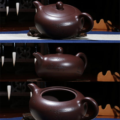 hand carved tea pot embossed real yixing zisha pot marked Chinese original ore pot on sales purple grit