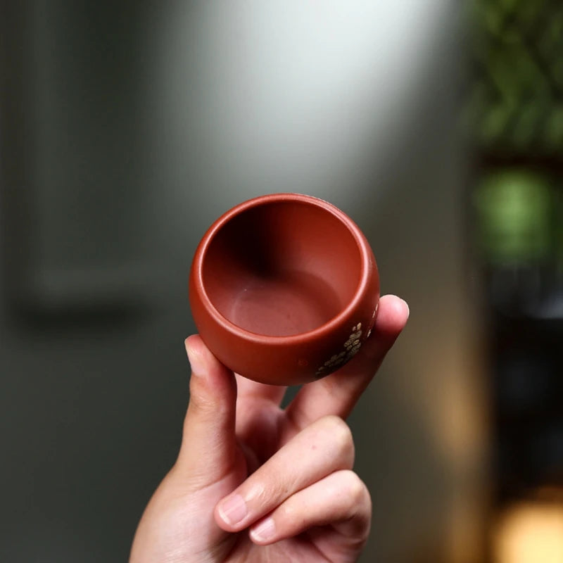 hand carved wintersweet flower tea cup original ore real yixing zisha dahongpao clay marked kungfu plum on sales 65ml one piece